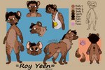 anthro black_hair brown_body brown_eyes brown_fur brown_spots clothing feral fur hair male shirt smiley_face solo spots tank_top text topwear yeenroy zhibita hyena mammal spotted_hyena 3:2 digital_media_(artwork) english_text model_sheet