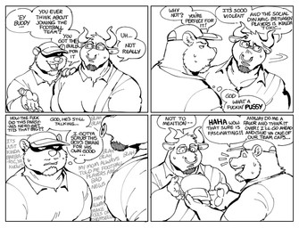 2_horns anthro baseball_cap big_muscles big_pecs bodily_fluids border bovid_horn bovine_horn bull_horn clothing coach dialogue duo ear_piercing eyewear facial_hair facial_piercing glasses goatee hat headgear headwear horn male male/male muscular nerd nose_piercing nose_ring pecs piercing profanity ring_piercing simple_background slur speech_bubble sweat sweatdrop text wearing_glasses white_border vasuki mac_(buffbullmac) bovid bovine cattle mammal mustelid otter comic english_description english_text hi_res monochrome