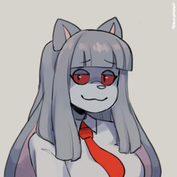 accessory anthro female floppy_ears fur grey_body grey_fur hair hime_cut long_hair lop_ears necktie office_clothing red_necktie red_sclera smile solo murninatair jund_(smugjund) canid canine canis hybrid lagomorph leporid mammal rabbit wolf 1:1 low_res