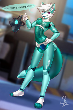 andromorph anthro ear_piercing gas_mask intersex joints machine male mask piercing robotic robotization solo translucent translucent_body translucent_tail nariikhan robot robot_anthro hi_res