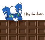 anthro candy chocolate dessert english_text felid food generation_6_pokemon giant_candy giant_food japanese_meowstic kemono low_res male male_(lore) mammal meowstic nintendo pokemon pokemon_(species) simple_background solo text white_background