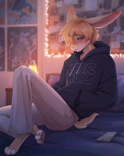 4_toes anthro barefoot bed biped blush bottomwear clothed clothed_anthro clothed_male clothing feet front_view fully_clothed fully_clothed_anthro fully_clothed_male fur furniture hair hands_in_both_pockets hoodie inside male male_anthro on_bed pants pillow sitting sitting_on_bed solo tail three-quarter_view toes topwear mergremil lagomorph leporid mammal rabbit 2025 digital_drawing_(artwork) digital_media_(artwork) full-length_portrait hi_res portrait