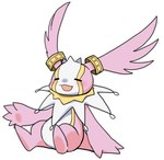 anthro frill_(anatomy) long_ears membrane_(anatomy) membranous_frill neck_frill pink_body sitting smile solo uni_hkdm_gsg bandai_namco digimon cherubimon cherubimon_(good) digimon_(species)