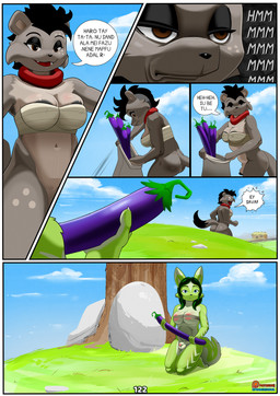 animal_genitalia animal_penis anthro areola balls black_hair black_nose black_penis blue_eyes blush border breasts brown_body brown_fur butt canine_genitalia canine_penis cleavage clothed clothing cloud dialogue duo eggplant farming food fruit fur genitals green_body green_fur green_hair gynomorph hair intersex kneeling language_barrier long_hair nipples outside penis pink_nipples plant rock sheath size_difference sky smile text tight_clothing tree white_border spoogiehowl patreon holt_(spoogiehowl) canid canine fox hyena mammal 2026 absurd_res comic digital_drawing_(artwork) digital_media_(artwork) digital_painting_(artwork) english_text hi_res painting_(artwork) portrait story herm_(lore)