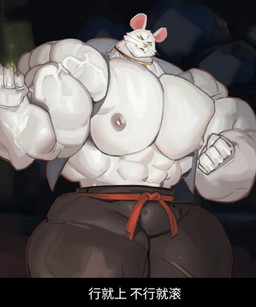 anthro barazoku big_muscles bottomwear clothing huge_muscles humanoid_hands hyper hyper_muscles kemono male muscular muscular_male nipples pants pecs pink_nose solo text white_body avacyn7 nobody_(2025) mammal mouse murid murine rodent 2025 absurd_res chinese_text hi_res
