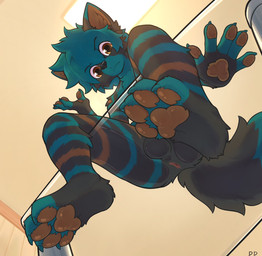 4_toes anthro anus balls black_body feet frown genitals glass_table handpaw looking_down male mouth_closed nude pawpads paws sitting solo striped_body stripes toes ddgio mammal hi_res signature