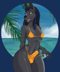 anthro balls_outline beach bikini bikini_bottom bikini_pull bikini_thong bikini_top bulge clothed clothing clothing_pull crossdressing detailed_background detailed_bulge dreadlocks erection erection_under_clothing femboy genital_outline looking_at_viewer male nipple_outline penis_in_panties penis_outline public public_erection seaside skimpy_bikini solo string_bikini swimwear swimwear_pull tenting thick_thighs two-piece_swimsuit water wide_hips yuuneechan801 deadman_joe_velasquez anubian_jackal canid canine canis jackal mammal alpha_channel hi_res