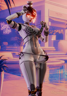 andromorph bikini bikini_top clothing collar genitals glowing glowing_eyes grey_body humanoid_genitalia humanoid_penis intersex machine penis solo swimwear text two-piece_swimsuit magniym five_nights_at_freddy's grand_theft_auto_vi gta_vi_cover_girl rockstar_games scottgames fan_character mag_(magniym) animatronic bear mammal robot 2026 3d_(artwork) artist_name blender_(artwork) digital_media_(artwork) hi_res