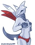 anthro anthrofied breasts clothed clothing covering covering_breasts covering_self female front_view grey_body hand_on_breast non-mammal_breasts panties red_clothing red_underwear simple_background solo topless underwear white_background rainbowsprinklesart nintendo pokemon avian generation_2_pokemon pokemon_(species) skarmory 2019 hi_res portrait three-quarter_portrait