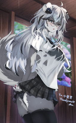 absolute_territory accessory ahoge anthro arm_tuft big_tail black_bottomwear black_bra black_clothing black_highlights black_legwear black_skirt black_stockings black_underwear blushing_at_viewer bottomwear bra breasts clothing detailed_background ear_piercing elbow_tuft embarrassed eyewear female fingerless_(marking) floppy_ears flower folded_ears fur glasses grey_body grey_eyes grey_fur hair hair_accessory hairclip hand_on_chest highlights_(coloring) kemono legwear long_hair looking_at_viewer multicolored_body multicolored_fur necktie pattern_bottomwear pattern_clothing pattern_skirt piercing plant raining round_glasses shirt skirt soaked solo sparkles stockings tail text topwear translucent translucent_clothing translucent_topwear tuft two_tone_body two_tone_fur underwear wall_(structure) white_body white_clothing white_fur white_hair white_shirt white_topwear wood wood_wall an_chobi94 miran_(prototrode) canid canine canis domestic_dog mammal absurd_res chinese_text hi_res japanese_text signature watermark