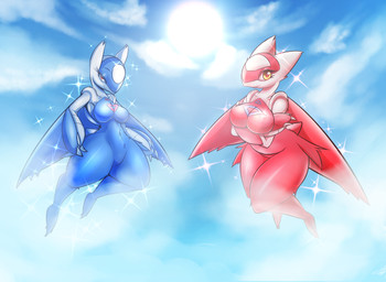 anthro breasts cloud crossgender duo eon_duo featureless_breasts female flying legendary_duo nude smile sparkles sun kyodashiro nintendo pokemon generation_3_pokemon latias latios legendary_pokemon pokemon_(species) 2017 absurd_res hi_res