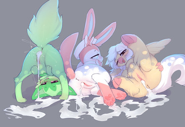 anus ass_up beak bodily_fluids cum cum_in_vagina cum_inside cum_pooling excessive_cum excessive_genital_fluids female feral follower_number fur genital_fluids genitals green_body green_fur group hooves leaking_cum looking_through_legs_at_viewer pawpads pink_body pink_fur smile tail trio vulva white_body white_fur yellow_body yellow_fur lunargent european_mythology greek_mythology mythology nintendo pokemon avian eeveelution felid feline generation_6_pokemon generation_9_pokemon hippogriff mammal mythological_avian mythological_creature pokemon_(species) sprigatito sylveon absurd_res hi_res