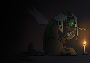 candlestick creepy_smile female fire glowing glowing_eyes green_eyes insect_wings log photo sitting smile solo wings wood underpable friendship_is_magic hasbro my_little_pony queen_chrysalis_(mlp) shining_armor_(mlp) arthropod changeling_(mlp) 2019 absurd_res hi_res