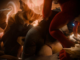 ambiguous_gender anthro bodily_fluids breasts cum cum_in_mouth cum_inside female female_anthro genital_fluids group larger_female male male/female male/male open_mouth size_difference trio wickswaresnsfw blizzard_entertainment mythology warcraft lakaiger salri_(character) canid canine fennec_fox fox humanoid mammal mythological_canine mythological_creature true_fox vulpera werecanid werecanine werecreature werewolf worgen 4:3 absurd_res hi_res