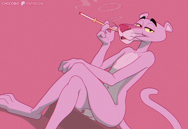 3_toes 4_fingers anthro balls black_eyes cigarette crossed_legs feet fingers flaccid floating_eyebrows foreskin fur genitals glans half-closed_eyes humanoid_genitalia humanoid_penis male narrowed_eyes nipples nude penis pink_background pink_nipples red_glans simple_background sitting smile smoking solo toes white_balls white_body white_fur white_penis yellow_sclera chicobo pink_panther felid mammal pantherine 2025