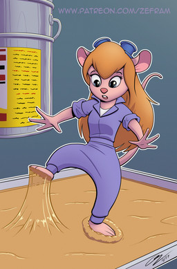 anthro blonde_hair blue_eyes clothing eyebrows eyelashes eyewear eyewear_on_head feet female glue glue_trap goggles goggles_on_head hair one_leg_up open_mouth raised_leg solo sticky stuck tan_body text zeframmann chip_'n_dale_rescue_rangers disney gadget_hackwrench mammal mouse murid murine rodent 2026 hi_res url