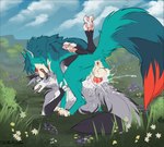 anal anal_penetration animal_genitalia animal_penis anthro anthro_on_feral anthro_penetrated anus anvil_position balls bestiality blue_body blue_eyes blue_fur bodily_fluids butt canine_genitalia canine_penis claws cum cum_in_ass cum_inside duo erection feral feral_penetrating feral_penetrating_anthro fingerless_(marking) fingerless_gloves_(marking) flower from_front_position fur fur_markings genital_fluids genitals gloves_(marking) grass grey_body grey_fur hair knot knotted_penis large_penetration leg_wrap legs_up lying male male/male male_anthro male_feral male_penetrated male_penetrating male_penetrating_male markings motion_lines multicolored_body multicolored_butt multicolored_fur nude on_back open_mouth orange_body orange_fur orange_penis pawpads paws penetration penile penile_penetration penis pink_pawpads plant precum rear_view saliva sex sheath stretched_anus striped_body striped_fur stripes tail teeth tongue tongue_out tuft two_tone_butt white_body white_butt white_fur shikyotis ayakan_(krispycable) cody_(krispycable) canid canine canis fox mammal wolf hi_res