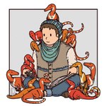 ambiguous_gender band_(marking) banded_tail book border carrying_another clothed clothing crossed_legs feral group hat headgear headwear male markings on_another on_head on_shoulders orange_body orange_scales reading red_body red_scales scales simple_background size_difference storytelling tail tail_markings toony_eyes white_body white_border white_scales clanaghan compsognathid compsognathus dinosaur human mammal prehistoric_species reptile scalie theropod 1:1 adversarial_noise hi_res