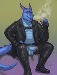 anthro balls blowing_smoke bodily_fluids boots bottomwear cigar clothed clothing dripping erection fingerless_gloves footwear foreskin genital_fluids genitals gloves handwear holding_cigar holding_object horn humanoid_genitalia humanoid_penis jacket leaking_precum leather leather_clothing leather_jacket leather_topwear looking_at_viewer male open_bottomwear open_clothing open_jacket open_pants open_topwear overweight overweight_anthro overweight_male pants partially_retracted_foreskin penis precum precum_drip precum_string shoes simple_background sitting smile smoking solo spread_legs spreading tail topwear rov mythology dragon mythological_creature mythological_scalie scalie digital_media_(artwork) hi_res
