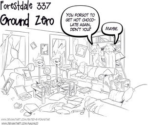 anthro arrow_(weapon) box burger container dialogue female food furniture furniture_lamp hammer husband_and_wife male married_couple picture_frame pizza pizza_box ranged_weapon sofa speech_bubble table text tools weapon nauyaco forestdale mark_kendricks_(forestdale) rita_kendricks_(forestdale) canid canine fox mammal 2025 english_text