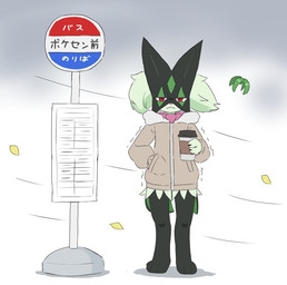 ambiguous_gender anthro bus_stop claws clothing coat coffee_cup cold container cup fur green_body green_fur green_hair hair holding_container holding_object leaf paws red_eyes shaking simple_background solo text topwear trembling wind ylit nintendo pokemon felid feline generation_9_pokemon mammal meowscarada pokemon_(species) 2025 japanese_text