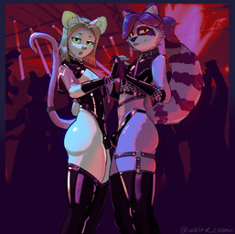 accessory anthro bodily_fluids bulge clothing collar crowd crowd_scene duo femboy fishnet_clothing fishnet_topwear frottage frottage_through_clothing fur furgonomics gloves green_eyes grey_body grey_fur group hand_holding handwear kissing latex latex_clothing latex_gloves latex_handwear latex_legwear latex_stockings leash leashed_collar legwear male male/male nightclub party penile penises_touching pressed_against red_lighting saliva saliva_string sex side_butt silhouette smug smug_grin stockings tail tail_accessory tailband topwear white_body white_fur yellow_eyes weird_cooper cooper_the_raccoon mammal mouse murid murine procyonid raccoon rodent absurd_res hi_res