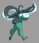 anthro big_breasts big_butt breasts butt claws cleavage clothed clothing cute_fangs fangs female grey_background huge_breasts huge_butt legwear side_view simple_background solo stirrup_stockings stockings teeth thigh_highs toe_claws boris_grim shara_(anmtns) cobra reptile scalie snake absurd_res hi_res