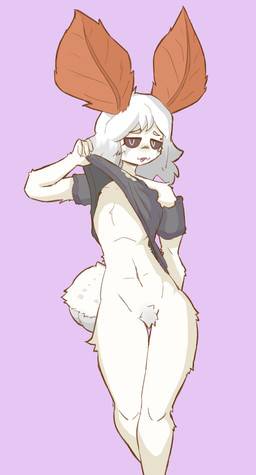 antennae_(anatomy) anthro arthropod_abdomen big_antennae clothed clothing clothing_lift fur male piercing shirt shirt_lift solo standing topwear white_body white_fur maridaka flicker_(tinysmallman) arthropod insect lepidopteran moth hi_res
