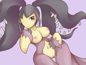 1_eye blush breasts female genitals magenta_back nipples nude pokemorph simple_background solo teeth teeth_showing thick_thighs vulva yellow_body yellow_skin zettadragon nintendo pokemon generation_6_pokemon humanoid mega_evolution mega_mawile pokemon_(species) 2015 4:3 portrait three-quarter_portrait