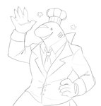 5_fingers anthro black_line_art chef_hat claws clothing dress_shirt female fin finger_claws fingers gesture gills hand_mouth happy hat headgear headwear looking_at_viewer multi_mouth necktie open_mouth open_smile shirt simple_background smile snout solo standing suit topwear waving white_background oceanbreakup library_of_ruina project_moon greta_(lor) fish marine shark 2024 black_and_white digital_media_(artwork) half-length_portrait hi_res monochrome portrait