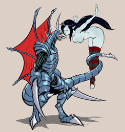1_eye beak bite_mark bite_mark_on_neck black_hair blue_body blue_skin breasts butt chainsaw clothing coiling duo eyes_closed fanged_bite_mark fanged_bite_mark_on_neck female footwear grey_body grey_skin hair humanoid_pointy_ears interspecies kissing larger_male legwear long_hair long_tail love male male/female membrane_(anatomy) membranous_wings nipples pointy_ears power_tool red_eyes romantic romantic_couple saw size_difference smaller_female socks spikes tail toeless_legwear tools wings izra adventure_time cartoon_network godzilla_(series) toho gigan marceline_abadeer alien animal_humanoid humanoid kaiju monster vampire absurd_res crossover hi_res