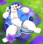 anthro belly blue_eyes blush bottomwear clothing detailed_background electronics hoodie humanoid_hands kemono lying male microphone moobs navel overweight overweight_male shorts solo text topwear hisashiyo_0705 utau shirane_kan bear mammal polar_bear ursine 2022 absurd_res english_text hi_res