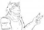 anthro bent_arm big_muscles clothing eyebrows gesture hand_gesture male muscular muscular_anthro muscular_male open_mouth shirt simple_background smile solo tank_top thick_eyebrows topwear v_sign frostshin morenatsu torahiko_(morenatsu) felid mammal pantherine tiger black_and_white monochrome