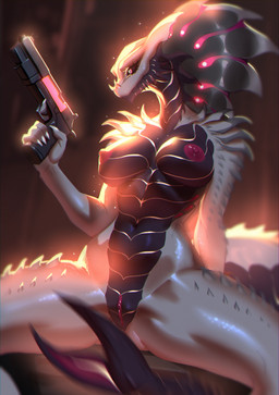 anthro areola biped breasts claws female fingers front_view genitals gun navel nipples nude nude_anthro nude_female ranged_weapon sitting solo spread_legs spreading tail vulva weapon girlwithdrill reptile scalie snake 2026 digital_drawing_(artwork) digital_media_(artwork) hi_res