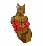 anthro belly big_belly breasts brown_body brown_fur cleavage clothed clothing cropped_ears female fur green_eyes jumper looking_at_viewer panties pregnant pregnant_anthro pregnant_female simple_background solo teasing underwear white_background cataractorange canid canine canis dobermann domestic_dog mammal pinscher hi_res