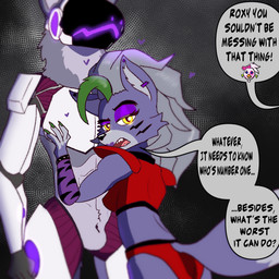 anthro dialogue duo female machine male male/female screen screen_face simple_background text cyberus_art five_nights_at_freddy's five_nights_at_freddy's:_security_breach scottgames steel_wool_studios cyberus_(cyberus_art) glamrock_chica roxanne_wolf canid canine canis mammal protogen wolf 1:1 2023 digital_media_(artwork) english_text