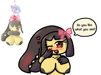anthro big_breasts black_nipples breasts fangs female nipples non-mammal_nipples one_eye_closed pink_bow plushie red_eyes solo teeth text venturssildraws don't_attack_me_mawile nintendo pokemon generation_3_pokemon humanoid mawile pokemon_(species) 2026 4:3 english_text hi_res