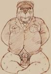 anthro balls belly blush bodily_fluids clothing crying erection eyes_closed genitals hat headgear headwear humanoid_genitalia humanoid_penis male necktie overweight overweight_anthro overweight_male penis police pubes shirt simple_background sitting solo tears topwear kondo_musashi musabo3neo bear mammal 2014 sketch