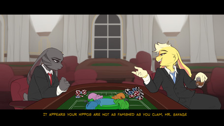 alcohol anthro beverage casino clasped_hands clothing container cup despair duo gambling glass glass_container glass_cup looking_at_another male mocking necktie poker_chip poker_table smug smug_face suit ittybittykittytittys disney hungry_hungry_hippos james_bond_(series) zootopia cheeseus_(cheeseuschrist) jack_savage lagomorph leporid mammal rabbit 16:9 2025 4k absurd_res hi_res meme widescreen