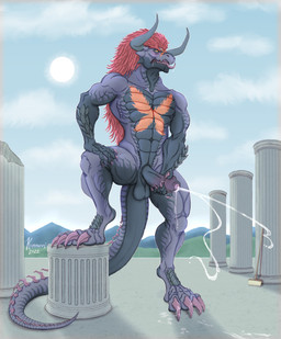 abs anthro balls bodily_fluids broom claws cleaning_tool cloud cum cum_drip cum_on_feet cum_on_ground cum_string cumshot dripping drooling ejaculation eye_roll eyebrows feet foreskin genital_fluids genitals grey_body hair hand_on_leg hand_on_thigh holding_penis horn humanoid_genitalia humanoid_penis long_hair looking_at_viewer looking_pleasured male masturbation non-mammal_balls open_mouth orgasm_face outside penis purple_claws raised_leg red_hair saliva saliva_string scales serratus simple_background smile smirk solo spikes standing sun tail thick_eyebrows tongue tongue_out yellow_eyes kammuraqi bushiroad future_card_buddyfight mythology demon_lord_dragon_batzz demon dragon mythological_creature mythological_scalie scalie hi_res