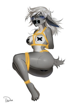 4_toes angry anthro arms_tied bat_ears bat_nose bdsm blue_blush blue_eyes blush bondage bound claws ears_down feet female fur gag glowing grey_body grey_fur hair hands_behind_back legs_tied legs_together long_ears lying on_side pasties pivoted_ears ponytail pussy_tape restraints rope rope_bondage rope_harness short_tail simple_background solo tail tape tape_gag toes white_background white_hair tyo_dem iselle_(snubby) bat mammal 3:4 absurd_res colored digital_drawing_(artwork) digital_media_(artwork) full-length_portrait hi_res portrait signature