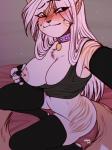 anthro biped blush breasts clothing collar female flashing kneeling legwear looking_at_viewer nipple_piercing nipples one_breast_out piercing selfie solo thigh_highs codeine sammy_(codeine) felid feline mammal 2019 hi_res