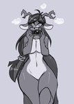 anthro antlers blush breasts camera female fur hair horn intersex looking_at_viewer shy simple_background solo standing hijackerdraws coirie_(post_crepusculum) deer deer_taur mammal mammal_taur taur hi_res herm_(lore)