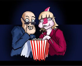 anthro bald blonde_hair blue_clothing blue_jacket blue_topwear bone_frill clothed clothed_anthro clothed_female clothed_human clothed_male clothing duo eating eyebrows female fingers food frill_(anatomy) front_view hair humanoid_hands jacket long_hair looking_at_viewer male male/female open_clothing open_jacket open_topwear pink_body popcorn raised_eyebrows red_clothing red_jacket red_topwear shirt spiked_jacket topwear white_body white_clothing white_shirt white_topwear sebek_fereh_ra cavemanon_studios i_wani_hug_that_gator inco_(iwhtg) mia_moretti dinosaur hadrosaurid human mammal ornithischian ornithopod parasaurolophus prehistoric_species reptile scalie colored
