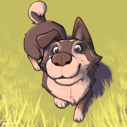 brown_body brown_eyes brown_fur feral floppy_ears front_view fur grass high-angle_view looking_at_viewer looking_up looking_up_at_viewer male outside plant quadruped shadow solo tail text dynabird rog_(rogulus) canid canine canis domestic_dog mammal 1:1 artist_name digital_drawing_(artwork) digital_media_(artwork) english_text hi_res shaded simple_shading watermark