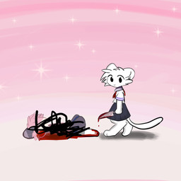 ambiguous_gender anthro blood bodily_fluids bottomwear clothing death duo fur gradient_background knife school_uniform simple_background skirt uniform white_body white_fur modem4g rldv1 mammal unknown_species 1:1 hi_res