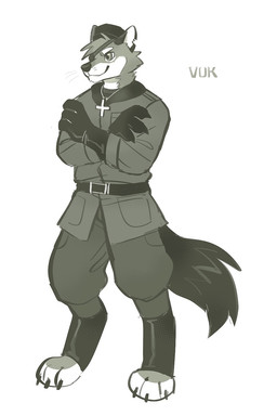 anthro barefoot belt bottomwear closed_smile clothed clothing crossed_arms eye_patch eyewear feet front_view glistening glistening_eyes hair jacket jewelry looking_aside male mouth_closed necklace pants short_hair simple_background smile solo standing topwear uniform unsigned asnnonaka vuk_(asnnonaka) canid canine canis mammal wolf 2:3 full-length_portrait hi_res monochrome portrait