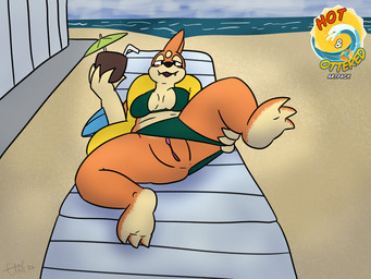 anthro beach beach_chair beverage bikini breasts clothing cloud coconut coconut_drink drupe_(fruit) female food fruit genitals looking_at_viewer plant solo swimwear two-piece_swimsuit vulva eliktroniq nintendo pokemon floatzel generation_4_pokemon pokemon_(species) 4:3 absurd_res hi_res