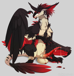 balls balls_on_ground black_body black_feathers blood blood_on_balls blood_on_face blood_on_fur blood_on_penis bodily_fluids cum erection feathered_crest feathered_wings feathers feral fur genital_fluids genitals head_crest long_penis male penis red_body red_eyes red_feathers sitting solo tapering_penis wings dinkysaurus mythology redshift_(dinkysaurus) avian gryphon mythological_avian mythological_creature hi_res