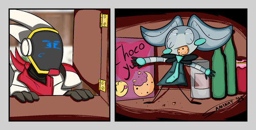 cabinet caught_in_the_act confusion duo ears_back female food kerchief kitchen long_ears machine necktie not_furry panicked_look pantry pivoted_ears saminat emmy_(saminat) poppy_(saminat) android humanoid monitor_head robot robot_humanoid comic hi_res